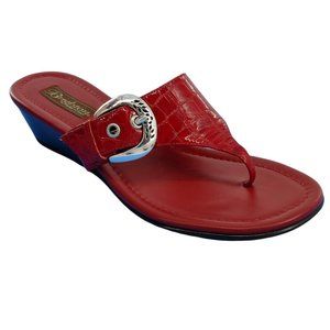 BRIGHTON Lark Red Croco Leather Thong Stacked Wedge Sandals 8.5M Good Pre-Owned